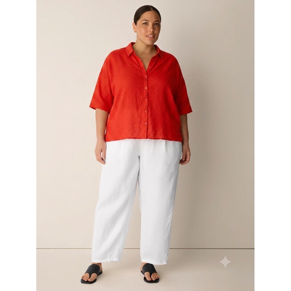 Eileen‎ Fisher Organic Linen Button Down Shirt 2X Red Boxy Lagenlook Lightweight